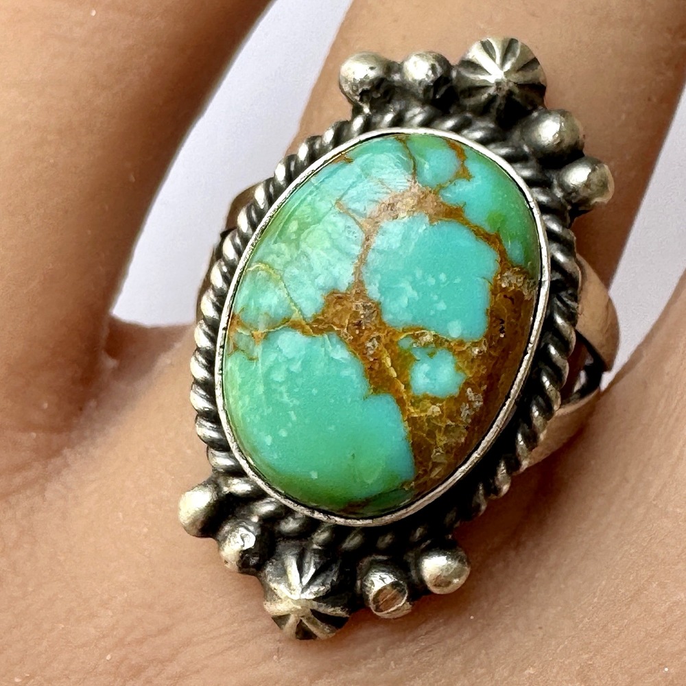 Navajo Sonoran Gold Turquoise Ring Sz 7 Sterling Signed F Stamp Native American